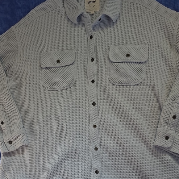 Aerie Light Blue Waffle Knit Button-Down Shirt - Picture 1 of 7
